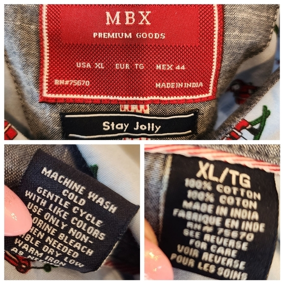 MBX skiing santa short sleeve button down shirt. Blue/Red. - Picture 3 of 16